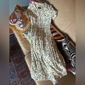 Urban Outfitters Cream Midi Dress with Yellow Floral & Polka Dot Print XS